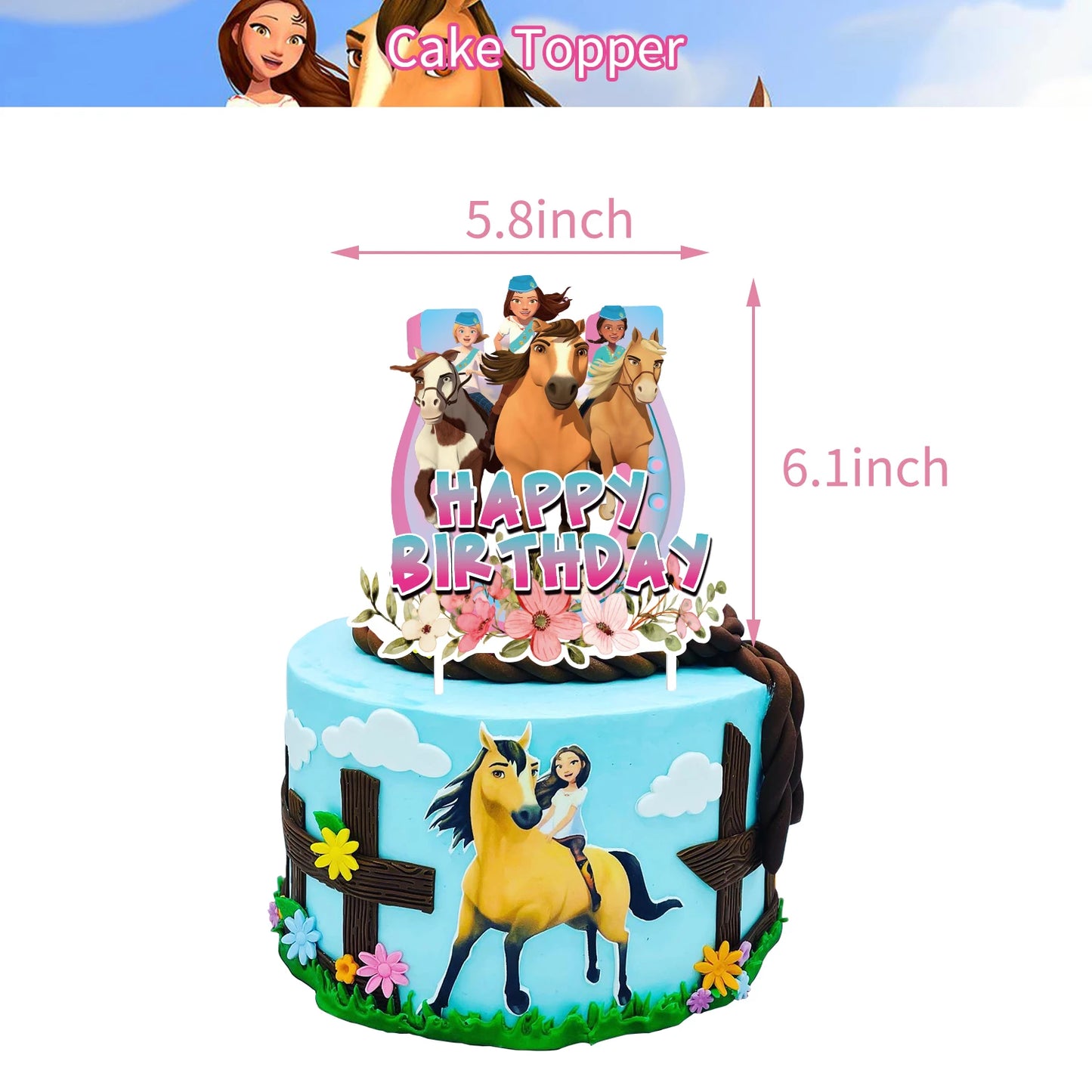 Spirit Riding Horse Balloons Pink Baby Girl Happy Birthday Banner Flag Cartoon Forest Farm Party Supplies Decoration Cake Topper