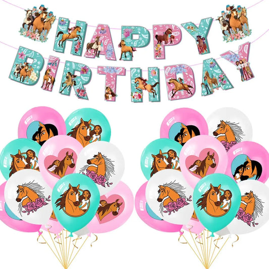 Spirit Riding Horse Balloons Pink Baby Girl Happy Birthday Banner Flag Cartoon Forest Farm Party Supplies Decoration Cake Topper