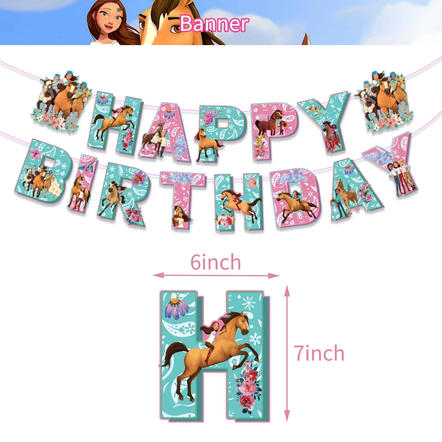 Spirit Riding Horse Balloons Pink Baby Girl Happy Birthday Banner Flag Cartoon Forest Farm Party Supplies Decoration Cake Topper