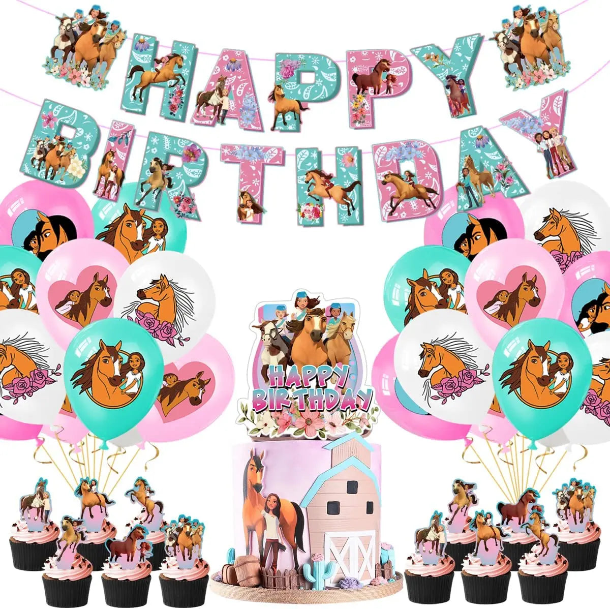 Spirit Riding Horse Balloons Pink Baby Girl Happy Birthday Banner Flag Cartoon Forest Farm Party Supplies Decoration Cake Topper