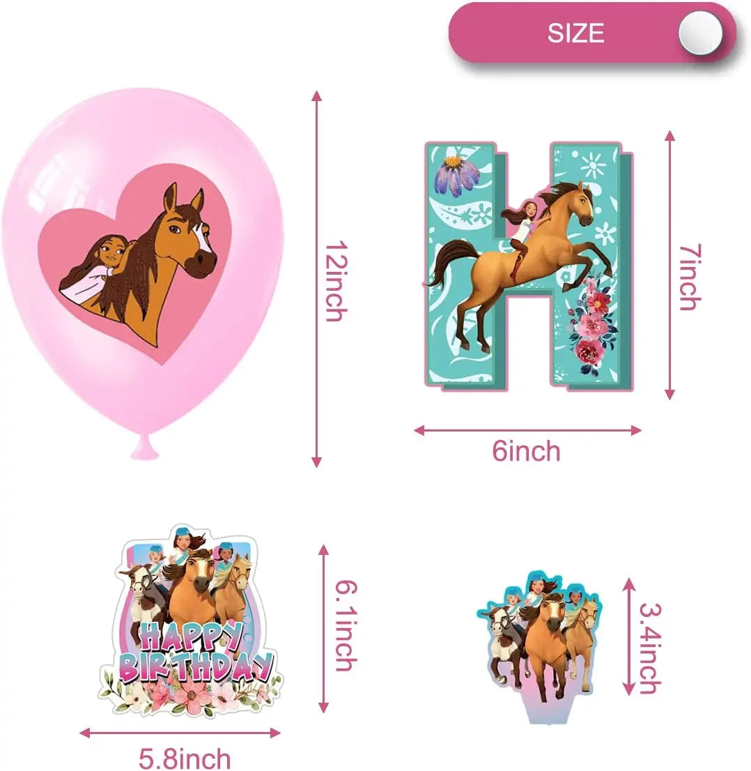 Spirit Riding Horse Balloons Pink Baby Girl Happy Birthday Banner Flag Cartoon Forest Farm Party Supplies Decoration Cake Topper